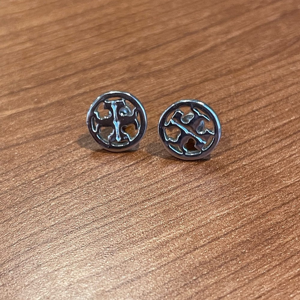 Tory Burch Silver Logo Stud Earrings